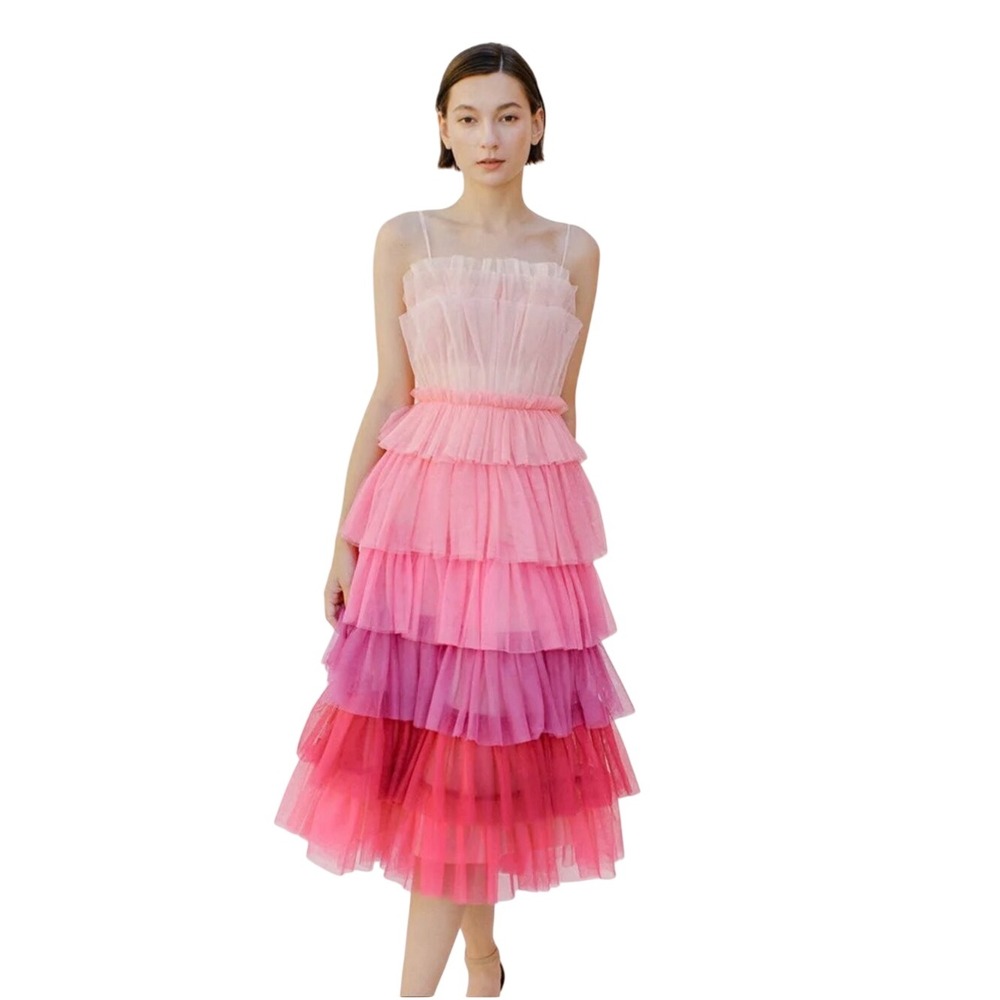 Storia Pink Ombre Tulle Ruffled Midi Dress size Small NWT Fairycore Romantic